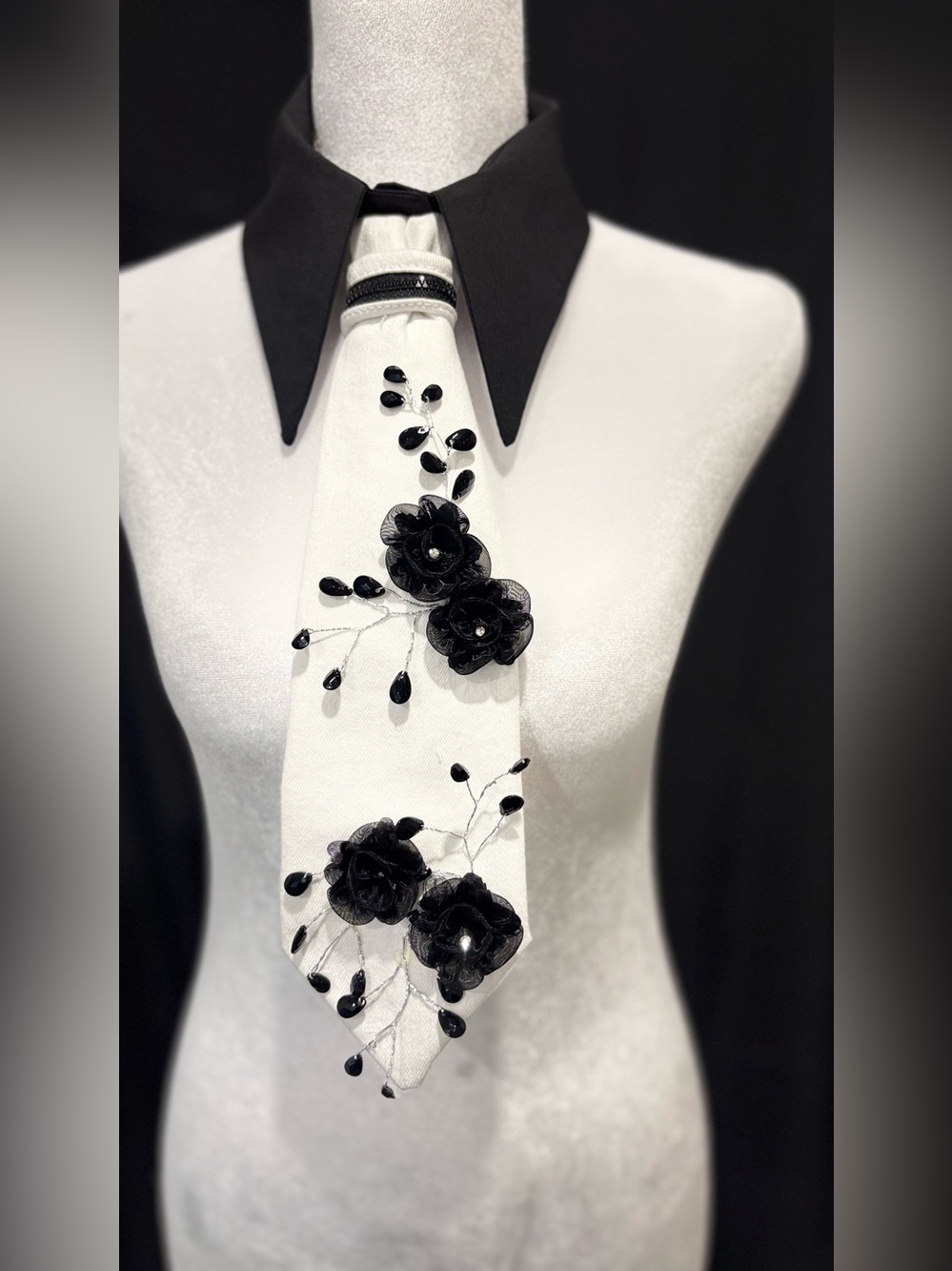 Black and White Floral Embellished Tie